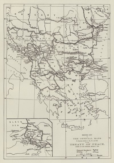 Rauhansopimuksen viralliset kartat, allekirjoitettu San Stefanossa, 3. maaliskuuta 1878 (kaiverrus) tekijältä English School