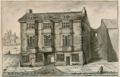 Pankin puolella sijaitseva Old Falcon Tavern, sellaisena kuin se ilmestyi vuonna 1805 tekijältä English School