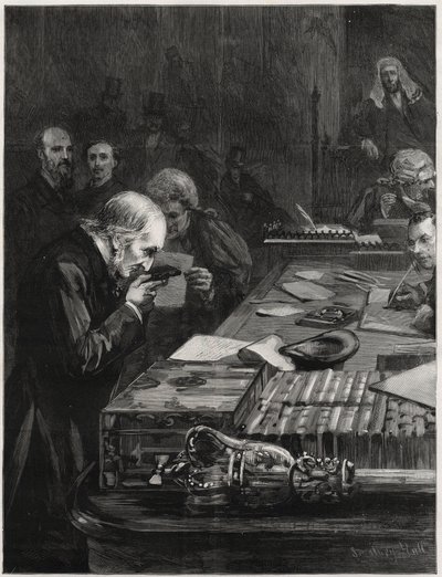 Parlamentin avajaiset 31. tammikuuta 1893, William Ewart Gladstone vannoi valan, Marjoribanksin ja H Gladstonen tukemana. Kuvitus Graphicille tekijältä English School