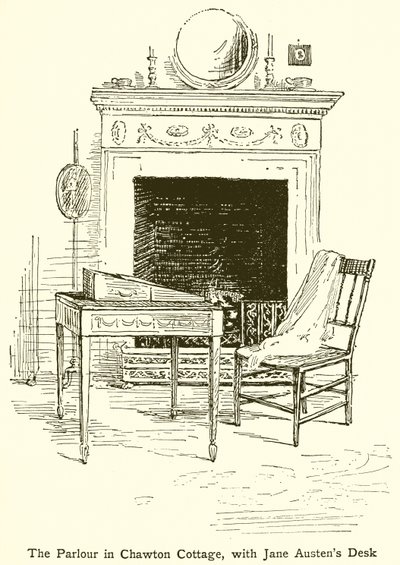 Parlor Chawton Cottagessa, jossa on Jane Austens -pöytä tekijältä English School
