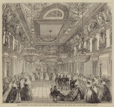 Prinssin ja prinsessa Frederick-Williamin poloneise Berliinin kuninkaanlinnan valkoisessa salissa (kaiverrus) tekijältä English School