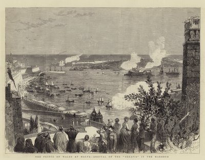 Walesin prinssi Maltalla, "Serappien" saapuminen satamaan (kaiverrus) tekijältä English School