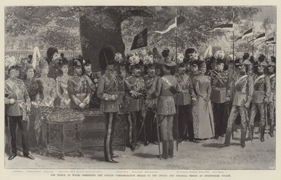 Walesin prinssi luovuttaa juhlavuoden muistomitalit intialaisille ja siirtomaajoukoille Buckinghamin palatsissa (litho) tekijältä English School