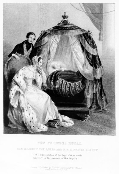 Prinsessa Royal, Hänen Majesteettinsa kuningatar ja HRH Prince Albert kuninkaallisen pinnasängyn kanssa, n. 1840 tekijältä English School