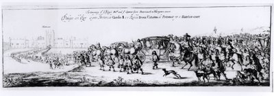 Kaarle II:n (1630-85) ja hänen uuden kuningattarensa Katariina Braganzan (1638-1705) kulkue Portsmouthista Hampton Courtiin, 1662 tekijältä English School