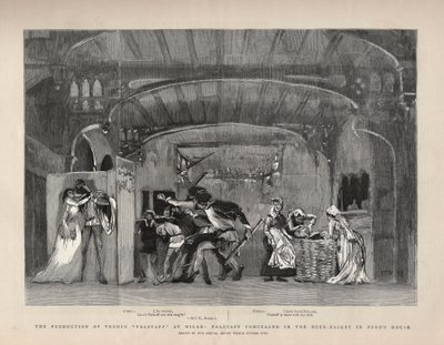 Giuseppe Verdin "" Falstaff" -tuotanto Milanossa, Falstaff piilotettu Buck-Basket Fordin talossa. Kuvitus Graphicille tekijältä English School