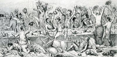 Reformers Dinner, kuvitus otettu Satiristista, 1809 tekijältä English School