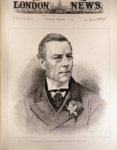 Kunnianarvoisa Joseph Chamberlain (1836-1914), kansanedustaja, paikallishallintoneuvoston puheenjohtaja, The Illustrated London News -lehdestä, 13. helmikuuta 1886. tekijältä English School