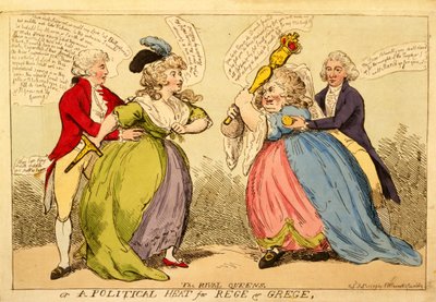 Kilpailevat kuningattaret tai poliittinen kuumuus Regelle ja Gregelle, 1789 (käsinvärinen kaiverrus) tekijältä English School