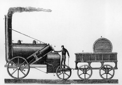 Rocket, höyryveturi, jonka George ja Robert Stephenson suunnitteli ja rakensi vuonna 1829 Liverpool-Manchester-rautatietä varten (kaiverrus) tekijältä English School
