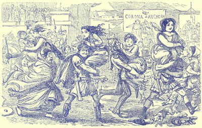 Roomalaiset kävelemässä sabiininaisten kanssa, kuvitus Gilbert Abbott a Beckettin teoksesta The Comic History of Rome, julkaistu n. 1850 (digitaalisesti paranneltu kuva) tekijältä English School