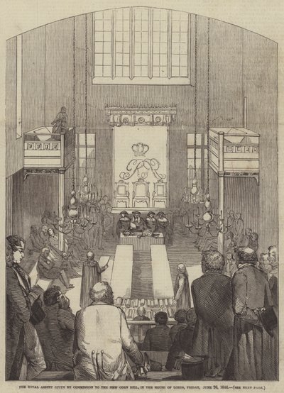 Kuninkaallinen hyväksyntä, jonka komissio antoi New Corn Billille, House of Lordsissa, perjantaina 26. kesäkuuta 1846 (kaiverrus) tekijältä English School