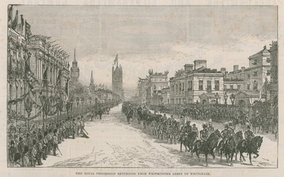 Kuninkaallinen kulkue palaamassa Westminster Abbeystä Whitehalliin tekijältä English School