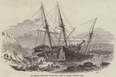 Kuunari "Providence" ja Brig "Hero" Plymouthissa (kaiverrus) tekijältä English School