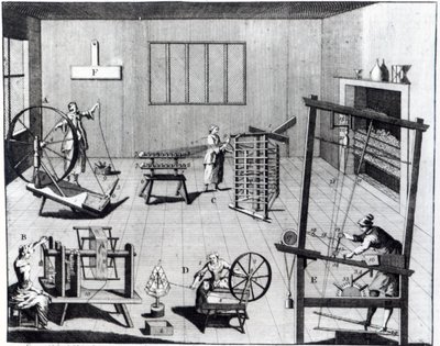 Villatehtaan toinen levy, joka esittelee villakankaan kehruuta, kelaamista, vääntämistä ja kutomista, kaiverrettu "Universal Magazine" -lehteä varten, 1749 tekijältä English School
