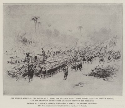 Soudan Advance, Atbaran taistelu, Cameron Highlanderit ampuvat vihollisen Zareban yli ja Seaforth Highlanders ryntäsivät aukkojen kautta (litho) tekijältä English School