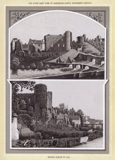 Kaakkoisnäkymä Brecknockin linnasta 1700-luvulta; Breconin linna tähän päivään (litho) tekijältä English School