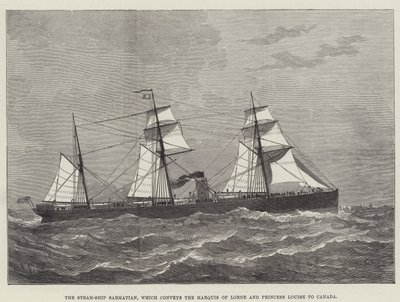 Steam-Ship Sarmatian, joka kuljettaa Lornen markiisin ja prinsessa Louisen Kanadaan (kaiverrus) tekijältä English School