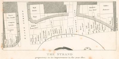 The Strand, Lontoo, ennen sen parannusta vuonna 1810; alueen suunnitelma tekijältä English School
