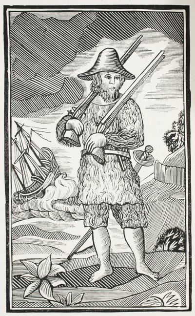 Robinson Crusoen yllättävä elämä ja omituisimmat seikkailut Yorkin kaupungista, Mariner, kuvitus John Ashtonin kirjasta Chap-books of the Eightenth Century, pubi. 1882 tekijältä English School
