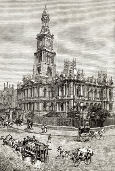 The Town Hall, Sydney, n. 1880, Howard Willoughbyn "Australian Pictures" -julkaisusta, julkaisija Religious Tract Society, Lontoo, 1886 tekijältä English School