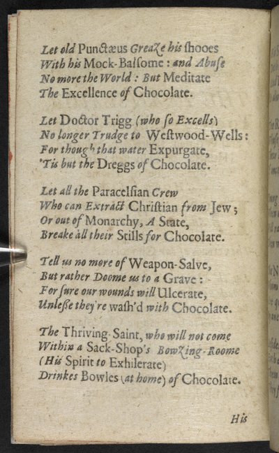 "Kääntäjä, jokaiselle yksilölle... jumalallisen suklaan kunniaksi", sivu A5v teoksesta "Utelias tutkielma suklaan luonteesta ja laadusta...", Antonio Colmenero de Ledesma 1652 (kaiverrus) tekijältä English School