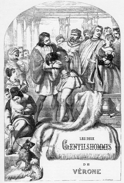 The Two Gentlemen of Verona - kuvitus "" William Shakespearen valmiisiin teoksiin"" 1866 - Tämän painoksen kuvitukset ja yleinen muoto on lainattu Cassellin kuvitetusta Shakespearesta, joka julkaistiin Lontoossa tekijältä English School