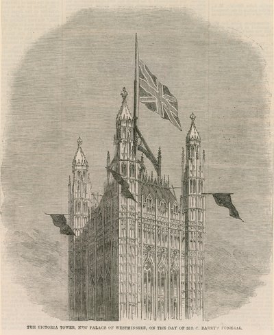 Victoria Tower, uusi Westminsterin palatsi Sir C Barnetsin hautajaisten päivänä tekijältä English School