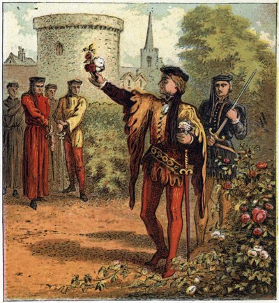 Kahden ruusun sota (1455-1485): konfliktin alku. Yksi Yorkin kuninkaallisen talon lordi poimii valkoisen ruusun ja toinen Lancasterin kuninkaallisesta talosta poimii punaisen ruusun. Kuva Englannin sisällissodasta, jonka synnytti su-jako tekijältä English School