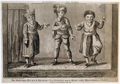 The Wild-Born Ihmisolennot (kaksi naarasta ja yksi mies) hirviömäisillä raivoilla, kuten Haymarketissa, painettu Carington Bowlesille, 1787 tekijältä English School