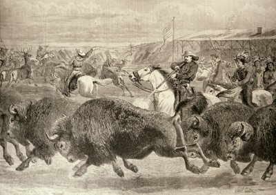 "Villi länsi" suuressa amerikkalaisessa näyttelyssä: Hunting Bison and Wapiti Deer, "The Illustrated London News", 18. kesäkuuta 1887 tekijältä English School