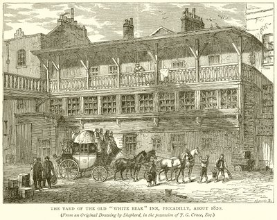 The Yard of the Old White Bear Inn, Piccadilly, noin 1820 tekijältä English School