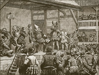 Yhden Shakespearen näytelmän näytteleminen kuningatar Elisabetin aikana, kuvitus Cassellin Englannin kuvitetusta historiasta (seepiakuva) tekijältä English School
