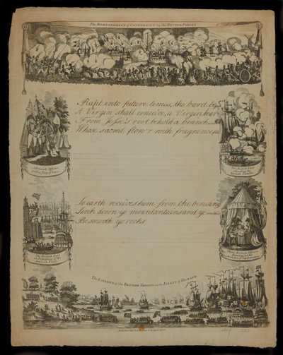 Brittiläisten joukkojen Kööpenhaminan pommitukset ja Brittijoukkojen laskeutuminen Seelannin saarelle, julkaisijat T. ja R. Hughes vuonna 1807 tekijältä English School