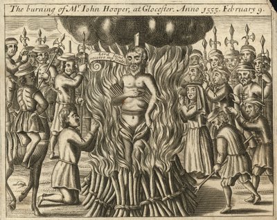 John Hooperin polttaminen Glaucesterissa 9. helmikuuta 1555 (kaiverrus). tekijältä English School
