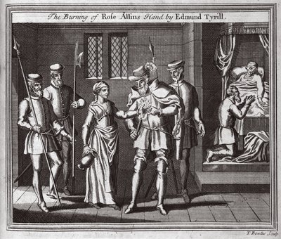 Edmund Tyrillin Rose Allinsin käden polttaminen, kuvitus teoksesta Foxes Martyrs n. 1703 tekijältä English School