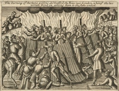 Kolmentoista henkilön polttaminen Stratford le Bowissa (kaiverrus) tekijältä English School