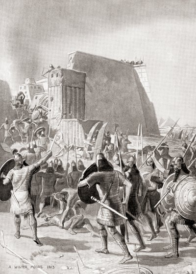 Assyrian kuningas Esarhaddon valloitti Egyptin Memphisin vuonna 671 eKr. Hutchinsonin kansojen historiasta, pub.1915 tekijältä English School