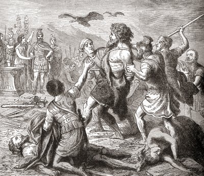 Legendaarisen jättiläisen ja teutonien kuninkaan Teutobochuksen vangitseminen Ward and Lockin Illustrated History of the World -pubista. noin 1882 tekijältä English School