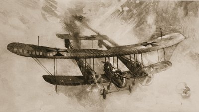 Suuren taistelulentokoneen tulo: kaksinkertainen saksalainen kaksitaso, johon brittiläiset lentäjät ovat ryhtyneet, The Illustrated War Newsista tekijältä English School