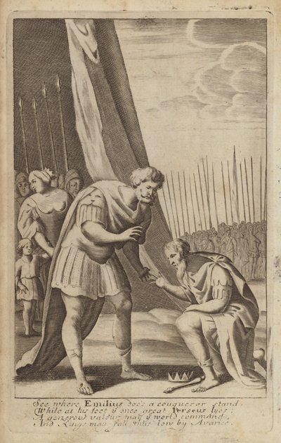 Voitettu Perseus Lucius Aemilius Paulluksen jalkojen edessä Makedonian sodissa (kaiverrus) tekijältä English School
