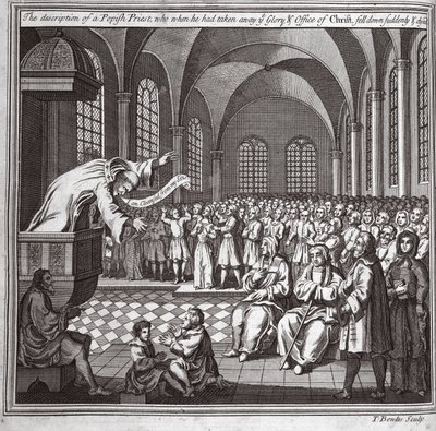 Kuvaus paavilaispapista, joka, kun hän oli ottanut teiltä Kristuksen kunnian ja viran, kaatui yllättäen ja kuoli, kuvitus teoksesta Foxes Martyrs n. 1703 tekijältä English School