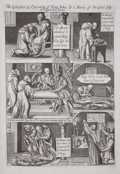 Kuvaus King Johnin myrkyttämisestä Swinstead Abbeyn munkin toimesta Lincolnshiressa, John Foxen kuvitus teoksesta Acts and Monuments, yhdeksäs painos, pubi. 1684 tekijältä English School