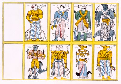 Paholaiset, mukaan lukien Ayimane, Sooniyan ja Calloo-Coomare, Edward Uphamin teoksesta The History and Doctrine of Buddhism, 1829 tekijältä English School