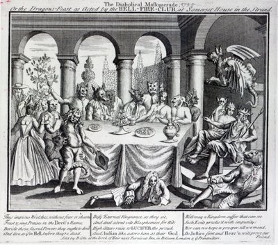 Pirullinen maskquerade tai lohikäärmeiden juhla Hell-Fire-Clubin toimittamana Somerset Housessa Strandissa, n. 1721 tekijältä English School