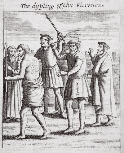 John Florencen syrjäytyminen, kuvitus John Foxen teoksesta Apostolit ja monumentit, yhdeksäs painos, pubi. 1684 tekijältä English School