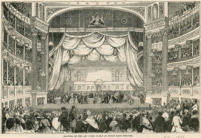 Art Unionin palkintojen arvonta Drury Lane -teatterissa vuonna 1843 tekijältä English School