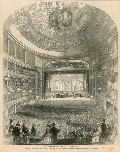 Art Unionin palkintojen arvonta Drury Lane -teatterissa 27. huhtikuuta 1847 tekijältä English School