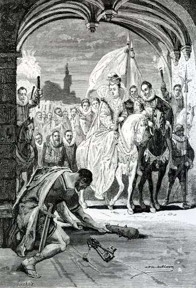 Kuningatar Elisabetin sisäänkäynti Kenilworthin linnassa 1800-luvulla tekijältä English School