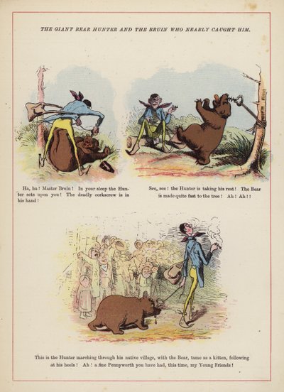 Jättiläinen karhunmetsästäjä ja Bruin, joka melkein sai hänet kiinni (väri litho) tekijältä English School